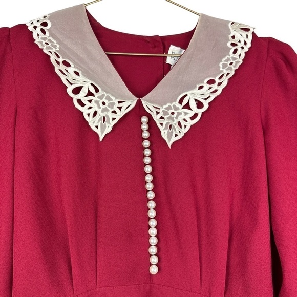 VTG Farmhouse Lace Collar Red Cottagecore 80s Regencycore Party Dress Size Small - Picture 5 of 14